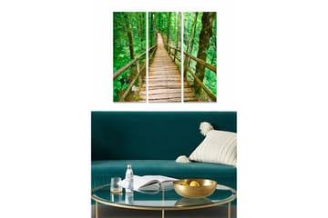 Trelerretsbilde 3-delt 50x70 cm - Trebro som fører gjennom en frodig skog - Grønn / Brun - Interiør - Maleri & posters - Lerretsbilder