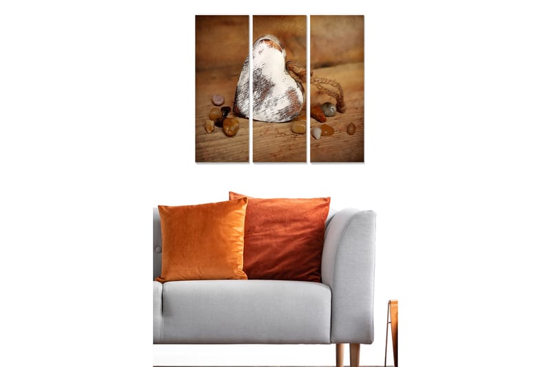 Trelerretsbilde 3-delt 50x70 cm - Trehjerte med steiner i varme nyanser, Brun / Beige / Oransje