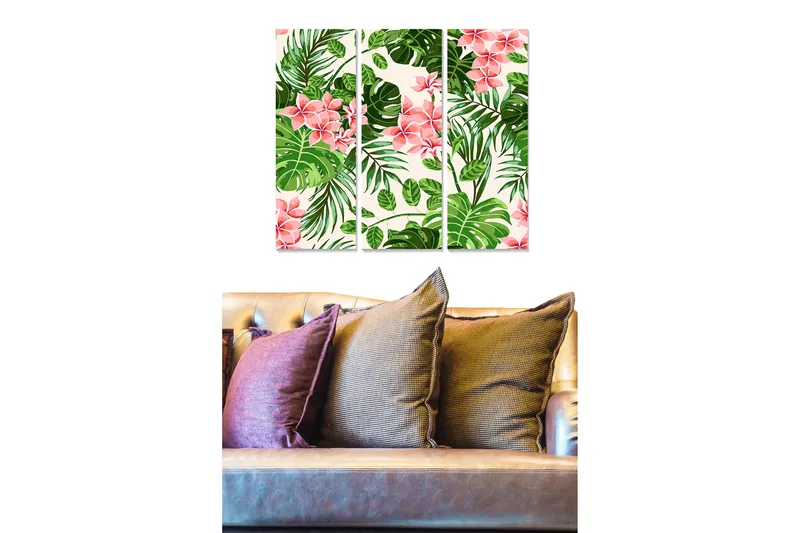 Trelerretsbilde 3-delt 50x70 cm - Tropisk plantekomposisjon med rosa blomster og grønne blader, Rosa / Grønn