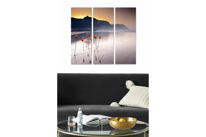 Trelerretsbilde 3-delt 50x70 cm - Tulipaner som vokser på en speilblank strand ved solnedgang, Oransje / Lilla / Grå