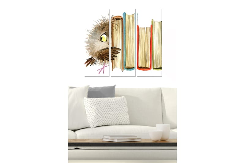 Trelerretsbilde 3-delt 50x70 cm - Ugle titter frem bak bøker, Brun / Gul / Rød