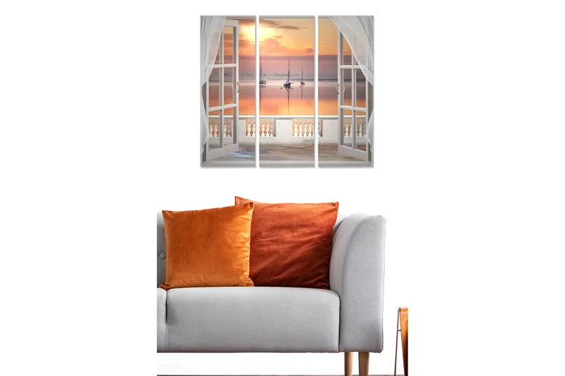 Trelerretsbilde 3-delt 50x70 cm - Utsikt gjennom et åpent vindu med seilbåter ved solnedgang, Oransje / Lyseblå / Hvit