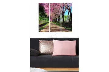 Trelerretsbilde 3-delt 50x70 cm - Vakker allé med blomstrende kirsebærtrær - Rosa / Grønn / Brun - Interiør - Maleri & posters - Lerretsbilder