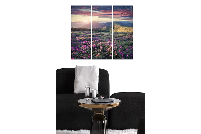Trelerretsbilde 3-delt 50x70 cm - Vakker blomstereng med fargerike blomster og fjerne fjell ved solnedgang, Lilla / Grønn / Oransje