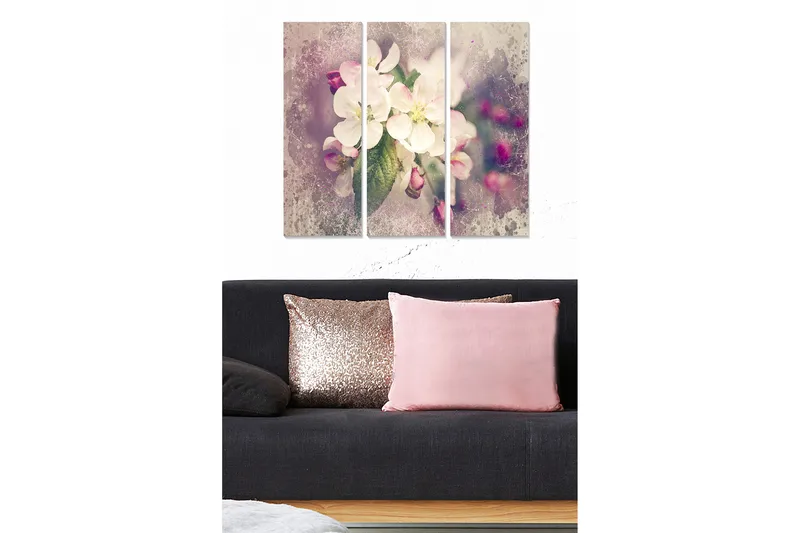 Trelerretsbilde 3-delt 50x70 cm - Vakker bukett med hvite blomster med innslag av rosa knopper, Hvit / Rosa / Grønn