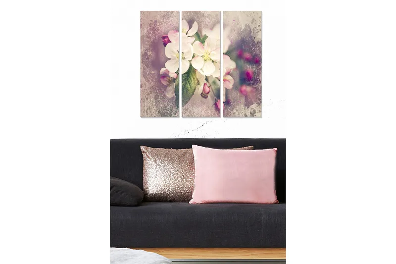 Trelerretsbilde 3-delt 50x70 cm - Vakker bukett med hvite blomster med innslag av rosa knopper, Hvit / Rosa / Grønn