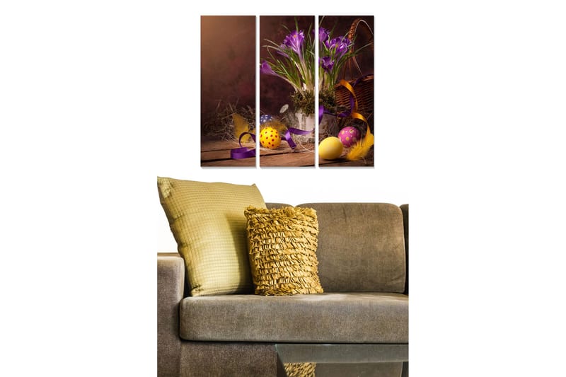 Trelerretsbilde 3-delt 50x70 cm - Vakker bukett med krokus med påskeegg og dekorasjoner, Lilla / Gul / Oransje
