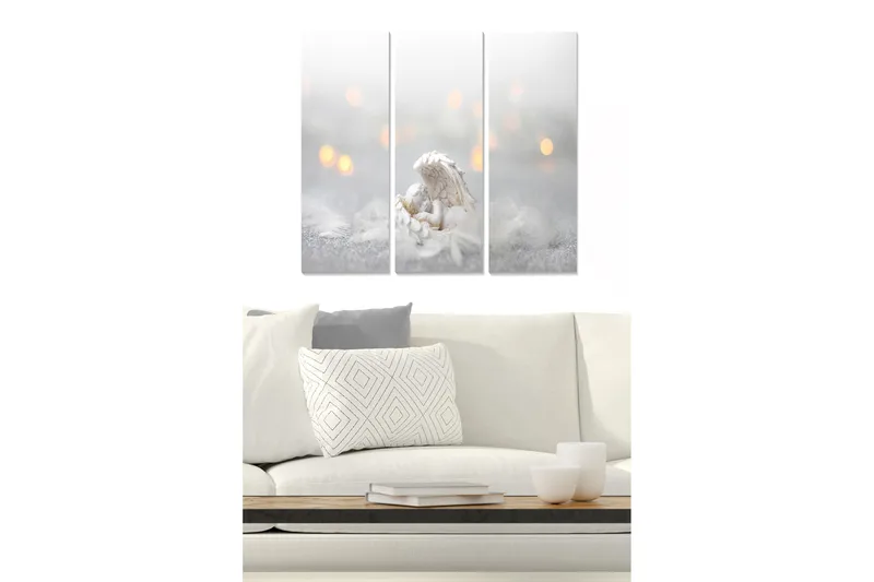 Trelerretsbilde 3-delt 50x70 cm - Vakker engel som holder et barn i et drømmende miljø, Hvit / Grå / Gull