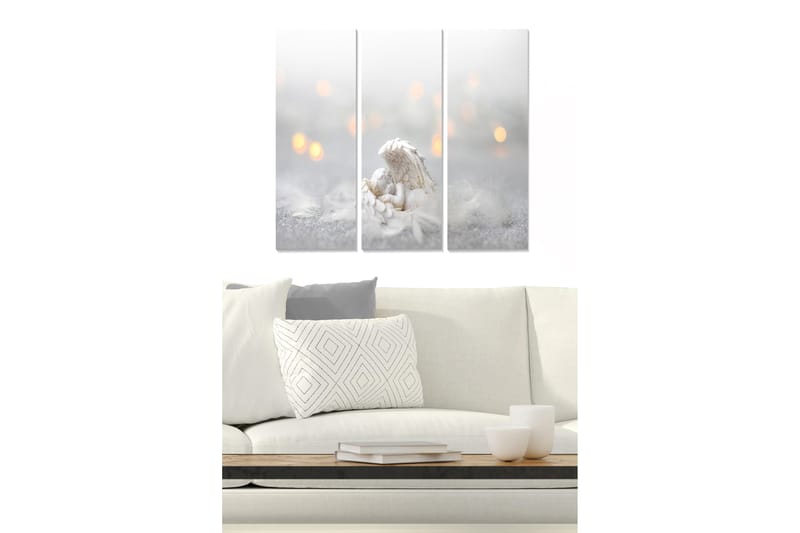 Trelerretsbilde 3-delt 50x70 cm - Vakker engel som holder et barn i et drømmende miljø, Hvit / Grå / Gull
