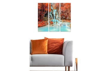 Trelerretsbilde 3-delt 50x70 cm - Vakker foss omgitt av fargerike høstblader - Rød / Turkis / Oransje - Interiør - Maleri & posters - Lerretsbilder