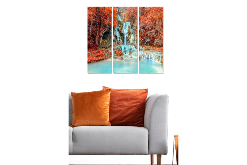 Trelerretsbilde 3-delt 50x70 cm - Vakker foss omgitt av fargerike høstblader, Rød / Turkis / Oransje