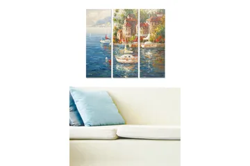 Trelerretsbilde 3-delt 50x70 cm - Vakker havn med seilbåter og fargerike bygninger ved vannet - Blå / Grønn / Rød - Interiør - Maleri & posters - Lerretsbilder