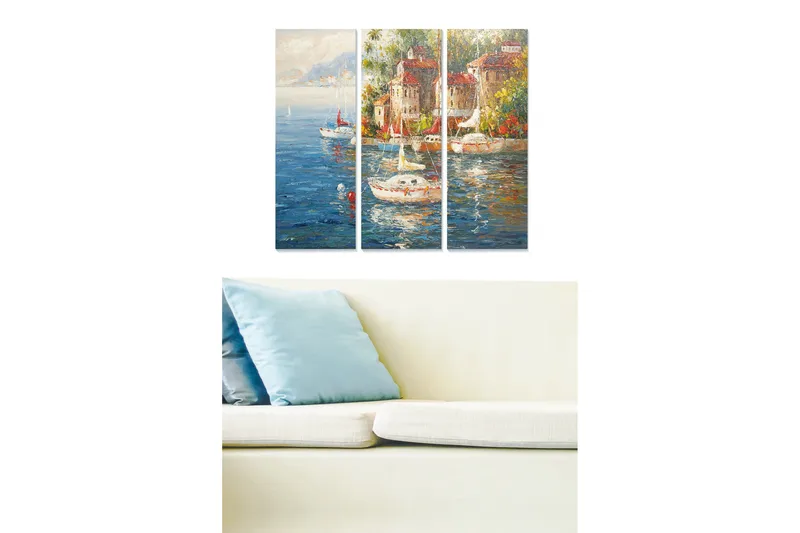 Trelerretsbilde 3-delt 50x70 cm - Vakker havn med seilbåter og fargerike bygninger ved vannet, Blå / Grønn / Rød