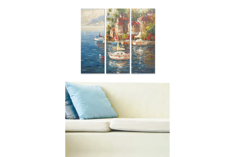 Trelerretsbilde 3-delt 50x70 cm - Vakker havn med seilbåter og fargerike bygninger ved vannet, Blå / Grønn / Rød