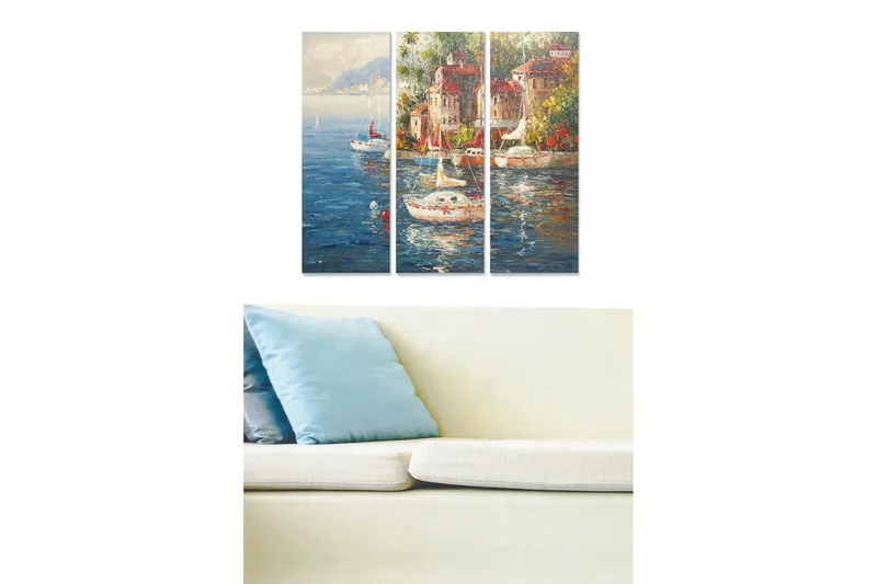 Trelerretsbilde 3-delt 50x70 cm - Vakker havn med seilbåter og fargerike bygninger ved vannet, Blå / Grønn / Rød