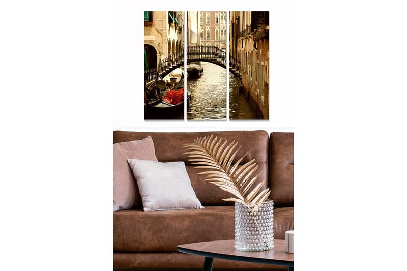 Trelerretsbilde 3-delt 50x70 cm - Vakker kanal med gondol og bro i venetiansk setting, Brun / Gull / Grønn