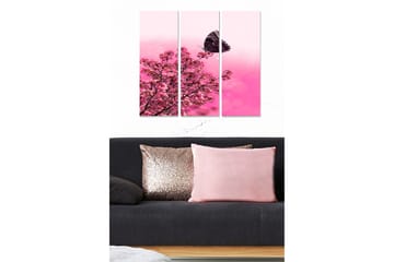 Trelerretsbilde 3-delt 50x70 cm - Vakker kirsebærblomst med sommerfugl i rosa nyanser - Rosa / Svart - Interiør - Maleri & posters - Lerretsbilder