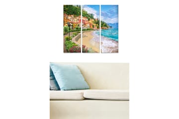 Trelerretsbilde 3-delt 50x70 cm - Vakker kystlinje med fargerike hus og strand - Grønn / Blå / Oransje - Interiør - Maleri & posters - Lerretsbilder