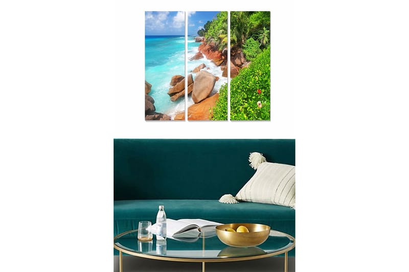 Trelerretsbilde 3-delt 50x70 cm - Vakker kystlinje med klipper og turkis hav, Turkis / Grønn / Brun