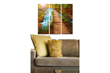 Trelerretsbilde 3-delt 50x70 cm - Vakker skogsti med rennende vann og høstfarger - Grønn / Brun / Blå - Interiør - Maleri & posters - Lerretsbilder