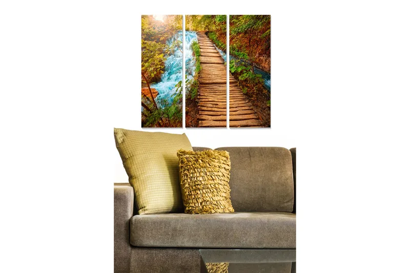 Trelerretsbilde 3-delt 50x70 cm - Vakker skogsti med rennende vann og høstfarger, Grønn / Brun / Blå