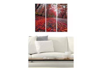 Trelerretsbilde 3-delt 50x70 cm - Vakkert høstlandskap med fargerike blader på en vei - Rød / Oransje / Gul - Interiør - Maleri & posters - Lerretsbilder