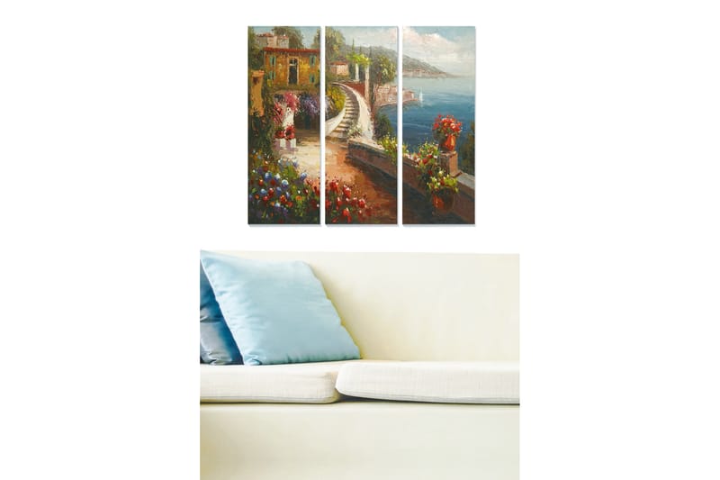 Trelerretsbilde 3-delt 50x70 cm - Vakkert kystlandskap med blomster og en svingete vei ved sjøen, Grønn / Blå / Rød