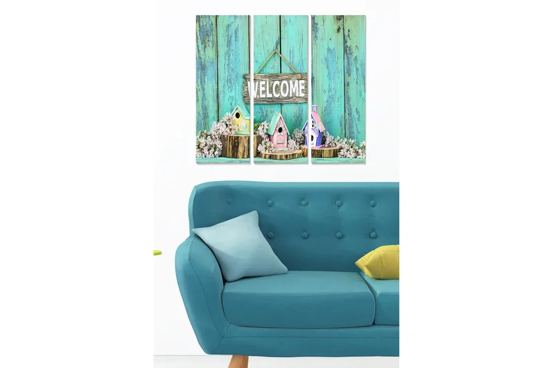 Trelerretsbilde 3-delt 50x70 cm - Vakre fuglehus med blomster og et velkomstskilt, Turkis / Rosa / Hvit