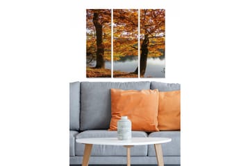 Trelerretsbilde 3-delt 50x70 cm - Vakre høsttrær ved en speilblank innsjø - Oransje / Brun / Grønn - Interiør - Maleri & posters - Lerretsbilder