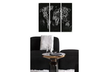 Trelerretsbilde 3-delt 50x70 cm - Verdenskart med håndskrevne navn på kontinenter og land - Svart / Hvit - Interiør - Maleri & posters - Lerretsbilder