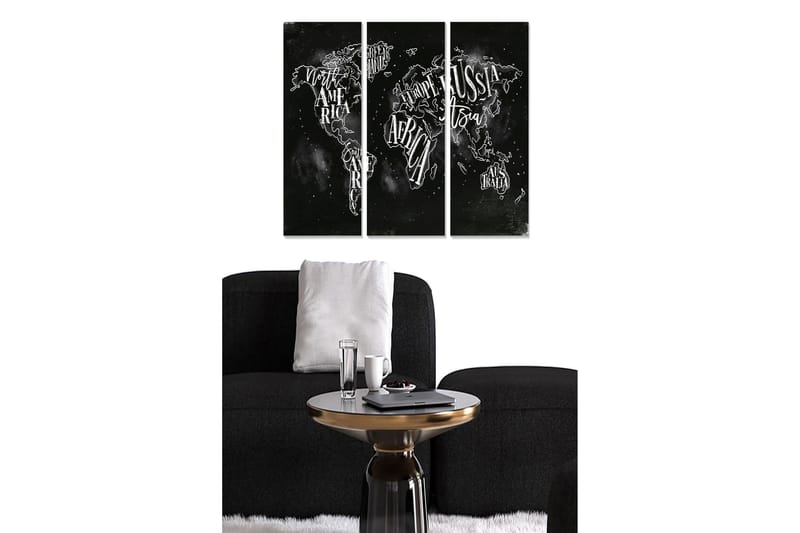 Trelerretsbilde 3-delt 50x70 cm - Verdenskart med håndskrevne navn på kontinenter og land, Svart / Hvit