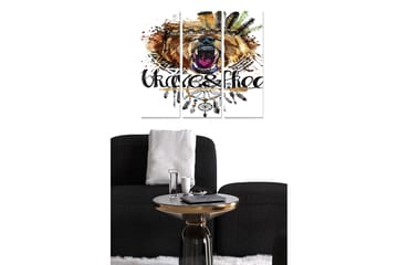 Trelerretsbilde 3-delt 50x70 cm - Villbjørn med fargerike fjær og ornamentikk - Brun / Svart / Oransje - Interiør - Maleri & posters - Lerretsbilder