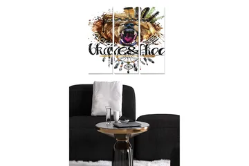 Trelerretsbilde 3-delt 50x70 cm - Villbjørn med fargerike fjær og ornamentikk - Brun / Svart / Oransje - Interiør - Maleri & posters - Lerretsbilder
