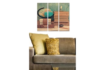 Trelerretsbilde 3-delt 50x70 cm - Vintage skrivebord med bøker og en globus - Grønn / Brun / Beige - Interiør - Maleri & posters - Lerretsbilder