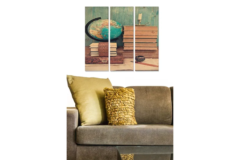 Trelerretsbilde 3-delt 50x70 cm - Vintage skrivebord med bøker og en globus, Grønn / Brun / Beige