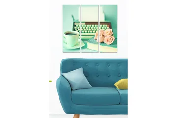 Trelerretsbilde 3-delt 50x70 cm - Vintage skrivemaskin med kaffe og roser - Mintgrønn / Lys rosa / Mørk grønn - Interiør - Maleri & posters - Lerretsbilder