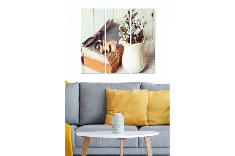 Trelerretsbilde 3-delt 50x70 cm - Vintage stilleben med bøker og blomster i en mugge, Beige / Brun / Grønn