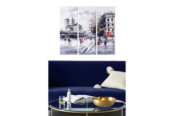 Trelerretsbilde 3-delt 50x70 cm - Vinterlandskap med skøyteløpere på en frossen innsjø - Grå / Hvit / Oransje - Interiør - Maleri & posters - Lerretsbilder