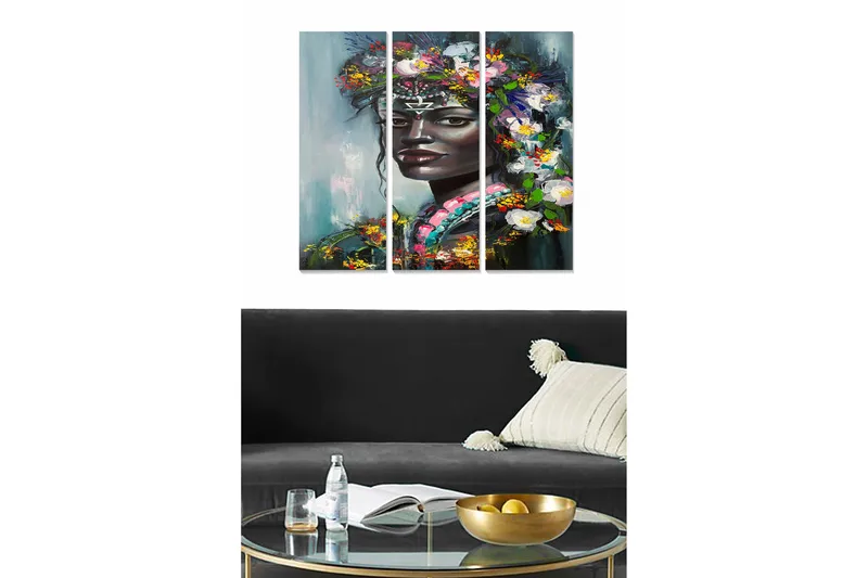 Trelerretsbilde 3-delt 50x70 cm - Portrett av en kvinne med blomster i håret, Mørk grønn / Hvit / Rosa