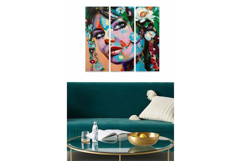 Trelerretsbilde 3-delt 50x70 cm - Portrett av en kvinne med blomster i håret - Grønn / Rød / Blå - Interiør - Maleri & posters - Lerretsbilder