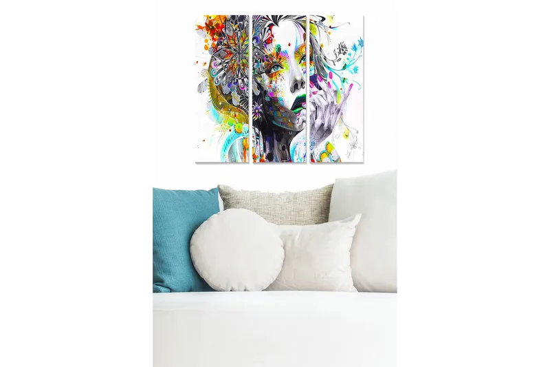 Trelerretsbilde 3-delt 50x70 cm - Portrett av en kvinne med fargerike mønstre og blomster i håret, Grå / Gul / Rød