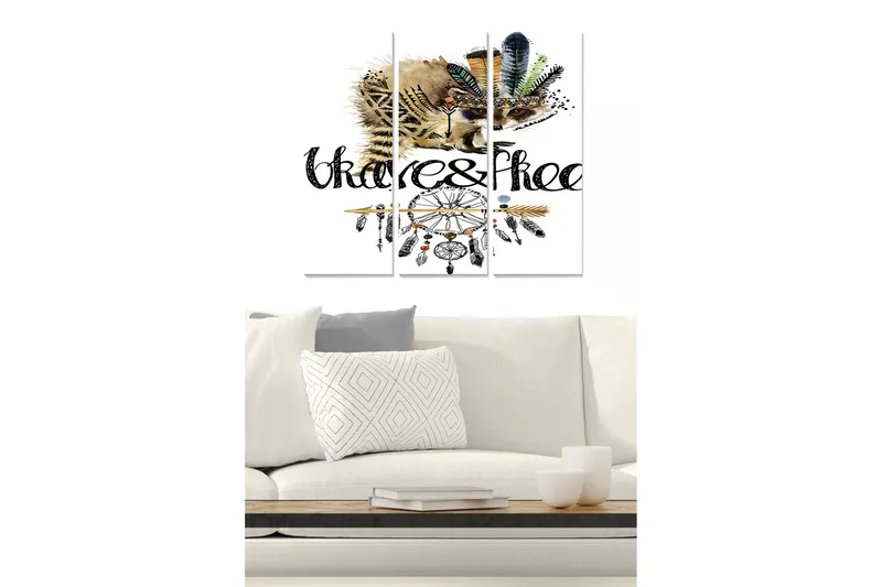 Trelerretsbilde 3-delt 50x70 cm - Pinnsvin med fjær og drømmefanger, Svart / Brun / Grønn
