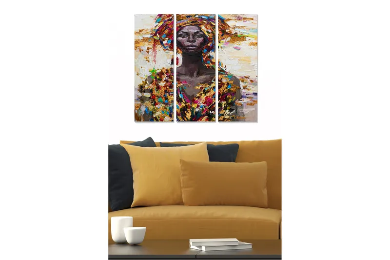 Trelerretsbilde 3-delt 50x70 cm - Portrett av en kvinne med fargerik hodeplagg og klær, Mørk brun / Gull / Rød