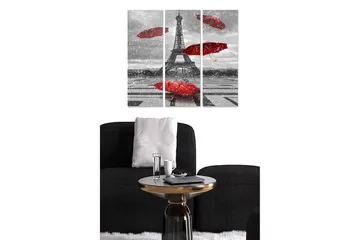 Trelerretsbilde i tre, 3 deler, 50x70 cm - Eiffeltårnet omgitt av røde paraplyer i et gråtonemiljø - Rød / Grå - Interiør - Maleri & posters - Lerretsbilder