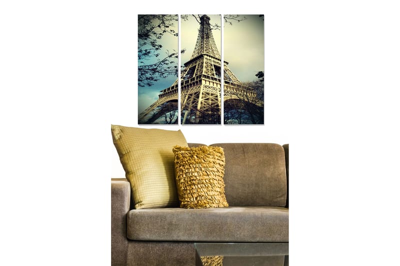 Trelerretsbilde i tre, 3 deler, 50x70 cm - Eiffeltårnet omgitt av tregrener, Grå / Blå / Beige