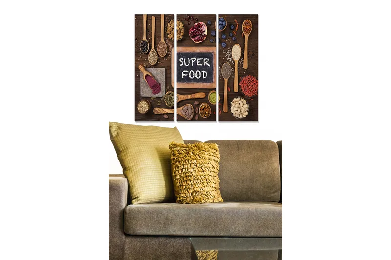 Trelerretsbilde i tre, 3 deler, 50x70 cm - Fargerik samling av supermat og krydder på en treflate, Brun / Rød / Svart