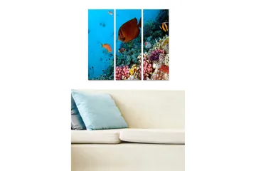 Trelerretsbilde i tre, 3 deler, 50x70 cm - Fargerik undervannsscene med korallrev og svømmende fisk - Blå / Oransje / Rosa - Interiør - Maleri & posters - Lerretsbilder