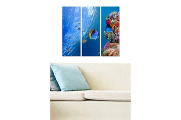 Trelerretsbilde i tre, 3 deler, 50x70 cm - Fargerik undervannsscene med korallrev og tropiske fisker - Blå / Oransje / Lilla - Interiør - Maleri & posters - Lerretsbilder