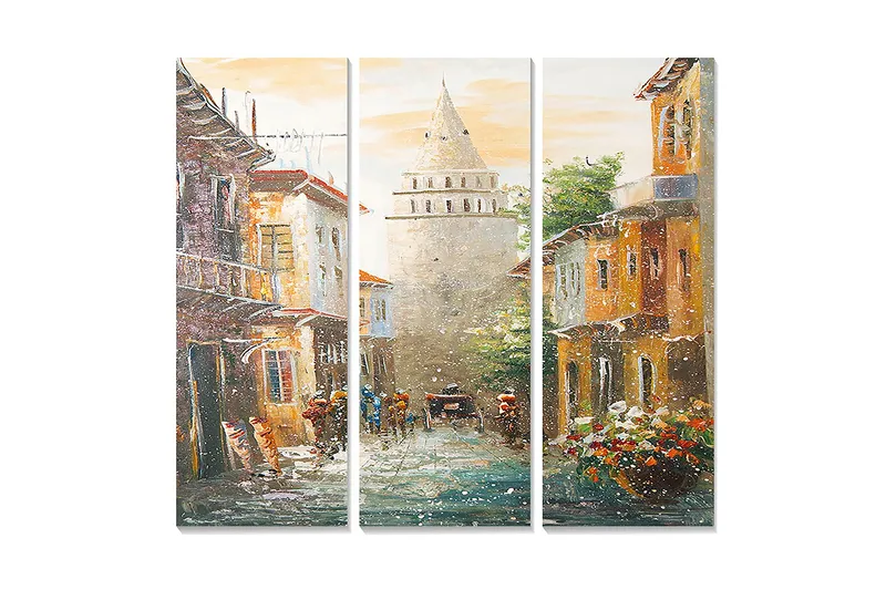 Trelerretsbilde i tre, 3 deler, 50x70 cm - Gamlebyen med historiske bygninger og en tårnlignende struktur i sentrum, Oransje / Grønn / Blå