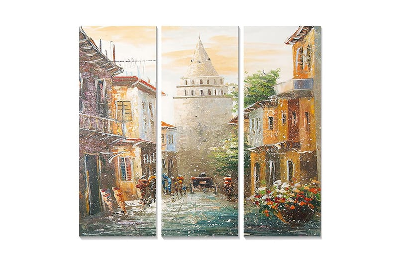 Trelerretsbilde i tre, 3 deler, 50x70 cm - Gamlebyen med historiske bygninger og en tårnlignende struktur i sentrum, Oransje / Grønn / Blå